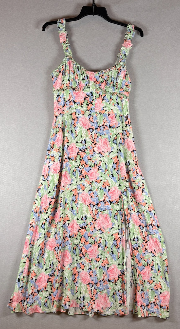 Zara Women's Medium Pink Green Floral Midi Dress Ruffle Strap